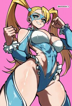 Rule 34 | 1girl, abs, absurdres, blonde hair, blue eyes, blue leotard, breasts, clenched hands, clothing cutout, domino mask, eye mask, frilled leotard, frills, grin, highres, komatsuki n, large breasts, leotard, long hair, looking at viewer, mask, muscular, muscular female, pink background, rainbow mika, shoulder cutout, simple background, smile, solo, street fighter, street fighter v, teeth, thick thighs, thighs, twintails, twitter username, wrestling outfit