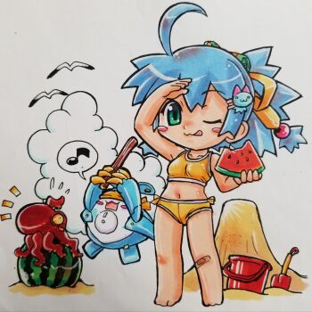 1girl :q ahoge arm_up bandaid bandaid_on_knee bandaid_on_leg barefoot bi-showjo_figure_convention bikini bird black_eyes blindfold blue_hair cat_hair_ornament chibi chibi_only closed_mouth cloud colored_sclera commentary_request eighth_note floating flying_sweatdrops food fruit green_eyes hair_ornament hairclip highres holding holding_food holding_fruit holding_watermelon kokomahi looking_at_viewer mascot medium_hair musical_note navel non-humanoid_robot notice_lines octopus official_art one_eye_closed open_mouth planted planted_shovel ponytail robot sand sand_bucket sand_sculpture seagull shovel side-tie_bikini_bottom smile speech_bubble spoken_musical_note standing summer swimsuit tongue tongue_out traditional_media watermelon watermelon_slice yellow_bikini yellow_sclera