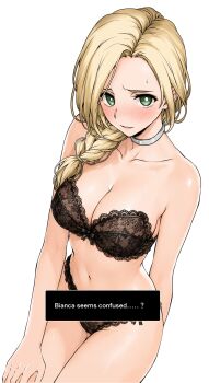 1girl bianca_(dq5) black_bra black_panties blonde_hair blush bra braid breasts choker cleavage commentary_request dragon_quest dragon_quest_v elf_(stroll_in_the_woods) green_eyes hair_over_shoulder highres lace lace-trimmed_bra lace-trimmed_panties lace_bra lace_trim large_breasts lingerie long_hair looking_at_viewer navel panties simple_background single_braid solo underwear underwear_only white_background