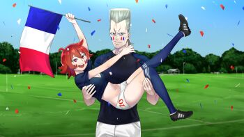 1boy 1girl blue_eyes blue_thighhighs breasts bright_pupils carrying cheerleader cleavage crossover drawrepulser facial_mark flag france french_flag full_body grass highres jean_pierre_polnareff jojo_no_kimyou_na_bouken leg_grab legs little_witch_academia looking_at_viewer midriff navel outdoors princess_carry red_eyes red_hair shiny_chariot shoes short_hair short_shorts shorts sky smile soccer soccer_uniform sports sportswear stardust_crusaders thighhighs thighs torso_grab tree ursula_callistis