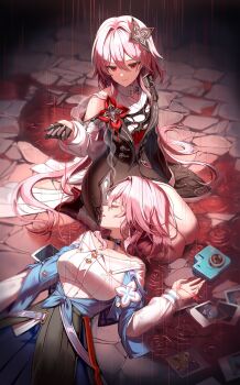 2girls asymmetrical_dress black_dress black_flower black_gloves breasts camera dress earrings evernight_(honkai:_star_rail) flower gloves hair_between_eyes hair_flower hair_ornament hairclip highres honkai:_star_rail honkai_(series) jewelry long_hair long_sleeves looking_at_viewer lying_on_lap march_7th_(honkai:_star_rail) multiple_girls official_alternate_eye_color pink_hair red_eyes shirt silence_girl single_bare_shoulder smile solo umbrella