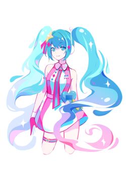 1girl aqua_eyes aqua_hair belt callalily_art commentary dress english_commentary future_eve_(vocaloid) gloves hatsune_miku headset highres long_hair multicolored_hair necktie o-ring o-ring_belt pink_dress pink_gloves pink_hair simple_background sleeveless sleeveless_dress smile solo star_o-ring striped_clothes striped_necktie thigh_belt thigh_strap two-tone_dress two-tone_hair vocaloid white_background white_dress