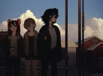 3girls adversarial_noise alternate_costume animal_ears artist_name bags_under_eyes black_hair black_jacket black_pants black_shorts blue_eyes blue_sky blush bright_pupils brown_hair bus_stop closed_eyes closed_mouth cloud commentary commentary_request crying crying_with_eyes_open cumulonimbus_cloud cup disposable_coffee_cup disposable_cup double-parted_bangs earclip earrings english_commentary expressionless feet_out_of_frame grey_hoodie hair_between_eyes hair_intakes hair_ornament hairclip hakos_baelz highres holding holding_cup holding_hands hololive hololive_english hood hoodie house jacket jewelry looking_afar looking_to_the_side medium_hair mouse_ears mouse_girl mouse_tail multicolored_hair multiple_girls nanashi_mumei necklace open_clothes open_hoodie open_jacket open_mouth ouro_kronii outdoors pants profile red_hair red_shirt sharp_teeth shirt short_hair shorts sky smile standing streaked_hair tail tears teeth upper_teeth_only virtual_youtuber white_hair white_pupils white_shirt yoako