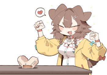 Rule 34 | 1girl, :3, animal ears, aqua bow, arms up, bone hair ornament, bow, bracelet, braid, breasts, brown hair, closed eyes, cocomayo29 (tomato), commentary request, dog ears, dog girl, dog tail, fang, hair between eyes, hair ornament, heart, highres, hololive, inugami korone, inugami korone (1st costume), jewelry, korean commentary, large breasts, listener (inugami korone), long hair, long sleeves, open mouth, puffy sleeves, red bow, simple background, speech bubble, tail, twin braids, virtual youtuber