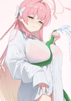 1girl absurdres ahoge between_breasts bikini bikini_under_clothes blue_archive blush bow braid breasts closed_mouth clothes_lift collared_shirt commentary fingernails green_eyes hair_bow hair_intakes halo hanako_(blue_archive) hanako_(swimsuit)_(blue_archive) highres holding holding_hose hose huge_breasts lifting_own_clothes long_hair looking_at_viewer nail_polish pink_background pink_bikini pink_hair pink_halo ruha_(ruha12haru) shirt shirt_lift simple_background smile solo swimsuit white_bow white_shirt