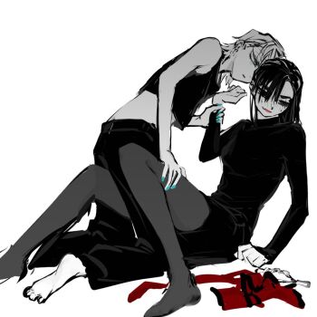 Rule 34 | 2girls, alien stage, aqua eyes, barefoot, chain, chain necklace, commentary request, crop top, dress, genderswap, genderswap (mtf), ivan (alien stage), jewelry, long hair, long sleeves, medium hair, mimimi (mmmnemunemuo), multiple girls, necklace, necktie, no shoes, official alternate costume, pantyhose, shirt, short hair, sleeveless, sleeveless shirt, spot color, till (alien stage), unworn jewelry, unworn necklace, unworn necktie, yuri