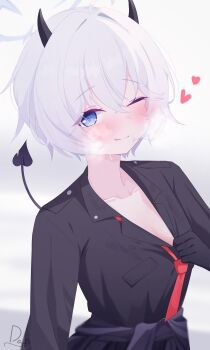 1girl ;) absurdres black_gloves black_jacket black_necktie black_shirt blue_archive blue_eyes blue_halo blush breasts cleavage clothes_around_waist clothes_pull daf_(daf_4) demon_girl demon_horns demon_tail erika_(blue_archive) gloves hair_between_eyes halo hand_up hands_on_own_chest heart highres horns jacket jacket_around_waist long_sleeves looking_at_viewer necktie one_eye_closed pulling_own_clothes red_necktie seductive_smile shirt shirt_pull short_hair small_breasts smile solo tail tail_raised teasing upper_body white_hair