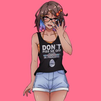 1girl artist_self-insert black-framed_eyewear black_tank_top blue_nails blue_shorts brown_hair cowboy_shot dark-skinned_female dark_skin flower food-themed_hair_ornament gender_transitioning hair_ornament highres looking_at_viewer medium_hair megumo meme orange_eyes orange_hair_ornament original pink_background red_flower shorts smile standing tank_top transgender_flag you_look_like_just_enough_xp_(meme)