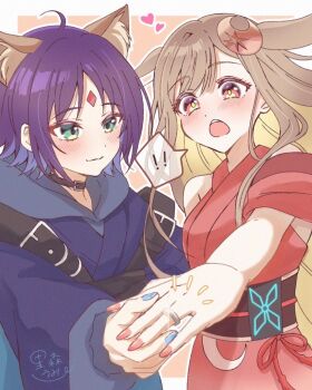 ! 2girls ahoge animal_ear_fluff animal_ears black_choker blue_hoodie blue_nails blush brown_eyes brown_hair cho_kaguya-hime! choker closed_mouth commentary_request crescent crescent_hair_ornament forehead_jewel green_eyes hair_ornament heart holding_hands hood hoodie japanese_clothes jewelry kaguya_(cho_kaguya-hime!) kimono long_hair long_sleeves looking_at_another lop_rabbit_ears multiple_girls nail_polish obi open_mouth outline parted_bangs pink_nails purple_hair rabbit_ears red_kimono ring sakayori_iroha sash satomoriumi short_hair smile spoken_exclamation_mark surprised wavy_mouth wedding_ring white_outline yuri