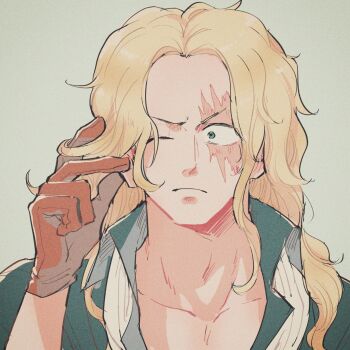 Rule 34 | 1boy, abunaideka, alternate hair length, alternate hairstyle, blonde hair, brown gloves, closed mouth, collarbone, collared shirt, commentary request, gloves, grey background, highres, long hair, male focus, one eye closed, one piece, sabo (one piece), scar, scar across eye, scar on face, shirt, solo, twirling hair, upper body