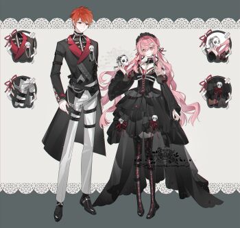 1boy 1girl artist_self-insert black_dress black_jacket bone breasts commissioner_insert couple cross cross_print dress emiya_shirou fate/stay_night fate_(series) fire flaming_skull gaoyue_jixiang groom highres holding holding_skull igote jacket long_hair long_sleeves momomiya_shizuku_(gaoyue_jixiang) oc_x_canon orange_hair original pants pastels pink_eyes print_ribbon red_hair ribbon seasons skull very_long_hair white_pants