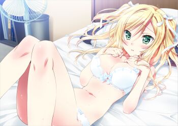 1girl bare_legs bare_shoulders bed blonde_hair blue_bra blue_panties blush bow bow_bra bow_panties bra breasts cleavage female_focus friends_(aile) game_cg green_eyes hair_ornament hair_ribbon hairpin kamiya_maneki knees_together_feet_apart lace lace-trimmed_bra lace-trimmed_panties lace_trim large_breasts legs_together lingerie long_hair lying mogami_yui navel on_back panties ribbon solo sweat two_side_up underwear underwear_only