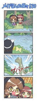 +_+ 2girls 4koma animal_ears blue_sky bow brown_eyes brown_hair camera cape chibi colonel_aki comic cryptid excited futatsuiwa_mamizou glasses hat hat_bell hat_bow holding holding_camera lake long_sleeves multiple_girls open_mouth raccoon_ears raccoon_tail short_sleeves skirt sky smile surfacing tail touhou tree twintails usami_sumireko