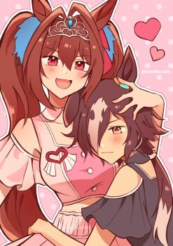 2girls absurdres bare_shoulders breasts brown_eyes brown_hair buttons daiwa_scarlet_(umamusume) des_(desoowee) ear_scrunchie fang hair_over_one_eye hand_on_another&#039;s_head heart heart-shaped_ornament highres hug large_breasts meni_shuki_rush-sshu! midriff multiple_girls pink_background pink_skirt ponytail red_eyes single_ear_down skin_fang skirt smile tiara twintails umamusume vodka_(umamusume) yuri