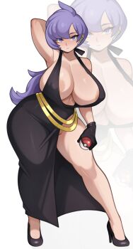 1girl absurdres alternate_breast_size_(larger) alternate_costume anabel_(pokemon) areola_slip arm_behind_head arm_up armpits bare_shoulders belt black_dress black_gloves black_shoes breasts cleavage collarbone commentary commission covered_erect_nipples dress earpiece english_commentary full_body gloves gold_belt groin high_heels highres holding holding_poke_ball huge_breasts jewelry light_frown long_hair looking_at_viewer loose_belt melonpuff nintendo parted_bangs plunging_neckline poke_ball poke_ball_(basic) pokemon ponytail purple_eyes purple_hair shiny_skin shoes side_slit sideboob simple_background single_bare_leg sleeveless sleeveless_dress solo thick_thighs thighs very_long_hair white_background zoom_layer