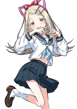 1girl animal_ear_hairband animal_ears blonde_hair blue_neckerchief cat_ear_hairband cat_ears colored_eyelashes fake_animal_ears feet_out_of_frame gakuen_idolmaster hair_ornament hairband hairpin happy heart heart_hands highres idolmaster kousuke0912 leg_up long_hair navel neckerchief open_mouth orange_eyes pleated_skirt sailor_collar school_uniform serafuku shinosawa_hiro shoes simple_background skirt socks solo swept_bangs white_background white_socks