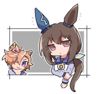 2girls ;) admire_vega_(umamusume) animal_ears beer_hsk bow brown_eyes brown_hair chibi closed_mouth crown grey_background horse_ears long_hair long_sleeves low_ponytail mini_crown multiple_girls notice_lines one_eye_closed ponytail puffy_long_sleeves puffy_sleeves purple_eyes purple_shirt school_uniform shirt smile t.m._opera_o_(umamusume) tilted_headwear tracen_school_uniform two-tone_background umamusume upper_body very_long_hair white_background white_bow