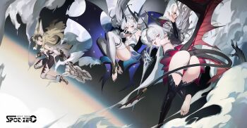 3girls absurdres animal_ears artist_request ass axe bare_shoulders barefoot breasts crown dragon_girl dragon_horns dragon_tail earrings eyepatch fang fingernails fur_trim hair_between_eyes head_wings highres holding holding_axe horns jewelry leotard long_hair looking_at_viewer looking_back lunethis multiple_girls nail_polish nyxara official_art orange_eyes pleated_skirt pointy_ears purple_eyes rod_raseri sharp_fingernails sharp_toenails skirt small_breasts smoke spot_zero tail thigh_strap thighhighs toenails v white_hair wings wolf_ears wolf_girl wrist_cuffs yellow_eyes