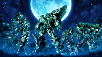 absurdres artist_name babamba big_volfogg building chouryuujin clenched_hands commentary_request drill full_moon gaogaigar glowing glowing_eye goldymarg highres light_particles looking_down mecha moon night night_sky no_humans robot science_fiction sky standing super_robot wings yuusha_ou_gaogaigar yuusha_series