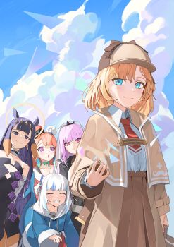 5girls absurdres arm_behind_back bare_shoulders black_cape black_dress black_hair black_tiara blonde_hair blue_eyes blue_hair blue_hoodie blue_sky blunt_bangs brown_capelet brown_hat brown_ribbon brown_skirt cape capelet chef_hat choker closed_eyes closed_mouth clothing_cutout cloud commentary deerstalker detached_collar detached_sleeves diamond_hairband dress english_commentary feathers fins fish_tail gawr_gura gawr_gura_(1st_costume) green_feathers green_ribbon grin hair_between_eyes hair_ornament halo hand_up hat hat_ribbon hechium high-waist_skirt highres holding holding_pocket_watch hololive hololive_english holomyth hood hoodie light_blush long_hair long_sleeves looking_at_another looking_at_viewer mini_hat mori_calliope mori_calliope_(1st_costume) multicolored_hair multiple_girls necktie ninomae_ina&#039;nis ninomae_ina&#039;nis_(1st_costume) one_side_up open_mouth orange_hair outdoors parted_bangs pink_hair pocket_watch pointy_ears purple_eyes red_eyes red_hat red_necktie ribbon ribbon_choker shark_tail shirt short_hair skirt sky sleeveless sleeveless_dress smile strapless strapless_dress streaked_hair tail takanashi_kiara takanashi_kiara_(1st_costume) teeth tentacle_hair tiara two-tone_hat veil virtual_youtuber watch watson_amelia watson_amelia_(1st_costume) white_hair white_shirt white_sleeves wide_sleeves