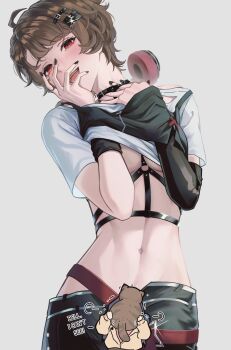 2girls angon623 bell_(love_curse) belt belt_buckle belt_collar black_belt black_nails breasts brown_hair buckle cat chest_harness choker collar english_text grey_background guilty_challenge_(meme) hair_ornament hairclip hand_on_own_face hands_up harness hashtag-only_commentary headphones highres layered_clothes long_sleeves looking_at_viewer love_curse:_find_your_soulmate meme multiple_girls navel nyx_xia open_mouth red_eyes selene_yan shirt short_hair short_sleeves simple_background teeth upper_body white_shirt