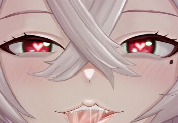 Rule 34 | 1girl, assertive female, azur lane, blush, commentary request, crossed bangs, french kiss, fur trim, gangut (azur lane), hair between eyes, hat, heart, heart-shaped pupils, highres, kiss, long hair, looking at viewer, mikumaushi, military uniform, mole, mole under eye, naval uniform, pov, red eyes, saliva, saliva trail, solo, symbol-shaped pupils, tongue, tongue out, white hair, white hat