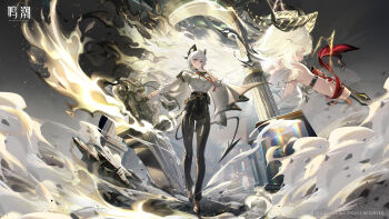 1girl absurdres arm_pouch black_gloves black_horns black_jacket black_pants black_shoes black_socks black_tail breasts character_name chest_harness chromatic_aberration collared_shirt curled_horns demon_tail earrings english_text full_body gloves hair_between_eyes harness high-waist_pants highres holding holding_shield horns jacket jacket_on_shoulders jewelry key_earrings large_breasts logo long_hair looking_at_viewer multicolored_hair multiple_views necktie official_art pants parted_lips pouch red_eyes red_necktie shield shirt shirt_tucked_in shoes sleeves_rolled_up socks streaked_hair tail tight_clothes tight_pants white_hair white_shirt wuthering_waves zani_(wuthering_waves)