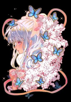 Rule 34 | 1girl, baby's-breath, black background, blue butterfly, bow, bowtie, brooch, bug, butterfly, commentary, commission, cozystewyne, cropped torso, dress, english commentary, expressionless, eyelashes, flower, frilled dress, frills, from side, grey hair, hair bow, hair over shoulder, heart, heart brooch, infinity nikki, insect, jewelry, light blush, lipstick, long hair, long sidelocks, makeup, nikki (series), outline, parted lips, pink bow, pink bowtie, pink dress, pink eyes, pink lips, pink ribbon, pointy nose, ribbon, sidelocks, simple background, solo, sparkle, strapless, strapless dress, striped bow, striped bowtie, striped clothes, stylist (nikki), vgen commission, white flower, white outline