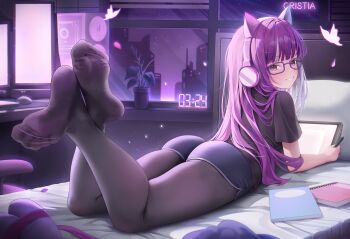 1girl absurdres animal_ear_headphones animal_ears ass black_pantyhose black_shirt blue_shorts cat_ear_headphones cat_ears commentary_request commission computer dolphin_shorts fake_animal_ears from_behind glasses grey_eyes grin headphones highres holding holding_stylus holding_tablet_pc korean_commentary legs_up long_hair looking_at_viewer lying monitor no_shoes notebook on_bed on_stomach original pantyhose plant potted_plant purple-framed_eyewear purple_hair rable shirt short_shorts short_sleeves shorts smile soles solo stylus tablet_pc toes