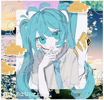 1girl absurdres alternate_costume antenna_hair blue_eyes blue_hair blue_necktie border cellphone closed_mouth collage_background collared_shirt cropped_torso doodle_inset flower_symbol grey_shirt hand_up hatsune_miku highres hinoki_(yesfish1117) holding holding_phone long_hair looking_at_viewer mask mask_pull mouth_mask necktie niwashi_no_ohanashi_ni_yoru_to_(vocaloid) phone photo_background shirt short_sleeves signature smartphone smile solo song_name twintails upper_body vocaloid whale white_border