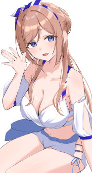 Rule 34 | 1girl, absurdres, atisa87044728, blue eyes, blush, bow, breasts, brown hair, commentary request, hair bow, highres, himesaki rinami, idolmaster, large breasts, long hair, looking at viewer, navel, ribbon, shirt, smile, solo, unfinished, waving, white background, white shirt