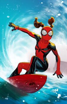 Rule 34 | 1girl, black bodysuit, bodysuit, brown hair, david nakayama, day, highres, makawalu akana, marvel, multicolored bodysuit, outdoors, red bodysuit, red mask, short twintails, solo, spider-girl, spider-man (series), superhero costume, surfboard, surfing, twintails, two-tone bodysuit, water