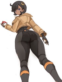 1girl ass ass_focus black_bodysuit black_hair bodysuit bodysuit_under_clothes brown_jacket dark-skinned_female dark_skin emma_(pokemon) gloves highres jacket looking_at_viewer nintendo pokemon pokemon_legends:_z-a rakeemspoon short_hair simple_background smile white_background