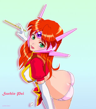 1girl ass breasts butt_crack from_above gloves highres idol_janshi_suchie-pai large_breasts legs long_hair midriff misaki_kyouko_(suchie-pai) open_mouth orange_hair panties sideboob smile solo suchie-pai systemsatan teeth thighs tongue underwear