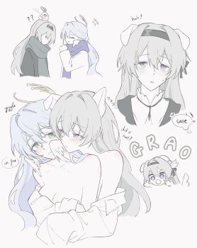 +++ 2girls ? ?? absurdres alternate_costume animal animal_ears animal_on_head aqua_eyes bare_shoulders beak bird bird_on_head bird_wings bite_mark bite_mark_on_neck black_coat black_hairband black_jacket black_ribbon blue_hair blush breasts bright_pupils clenched_hand closed_eyes closed_mouth coat collared_shirt couple dog_ears dog_tail dress english_text faceless faceless_female fang feathered_wings firefly_(honkai:_star_rail) flying_sweatdrops grey_hair grey_scarf hair_between_eyes hair_bun hair_ornament hair_ribbon hairband half-closed_eyes halo hand_up hands_up hashtag-only_commentary head_wings heart hickey highres honkai:_star_rail honkai_(series) hug hug_from_behind jacket kemonomimi_mode leaf_hair_ornament lhu_(hhh_lig) long_hair long_sleeves looking_up medium_breasts multicolored_eyes multiple_girls multiple_views on_head open_mouth origami_bird_(honkai:_star_rail) pale_skin puffy_long_sleeves puffy_sleeves purple_eyes purple_scarf ribbon robin_(honkai:_star_rail) robin_(robird)_(honkai:_star_rail) scarf shirt simple_background skin_fang smile speech_bubble sweatdrop tail teeth thought_bubble topless_female upper_body v-shaped_eyebrows wavy_hair white_background white_coat white_dress white_pupils white_shirt wings yellow_eyes yuri