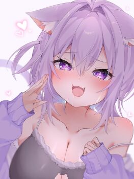 Rule 34 | 1girl, animal ear fluff, animal ears, breasts, calling, camisole, cat ears, cat girl, cat tail, cleavage, collarbone, commentary request, double-parted bangs, ekakimii, fang, grey camisole, hair between eyes, hair intakes, hand up, heart, heart-shaped pupils, highres, hololive, large breasts, long sleeves, looking at viewer, medium hair, nekomata okayu, nekomata okayu (membership), official alternate costume, one side up, open mouth, purple eyes, purple hair, smile, solo, symbol-shaped pupils, tail, upper body, virtual youtuber, white background