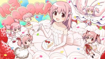 6+girls :d asukaru_(magika_ru) bare_shoulders birthday blush bow brown_dress cake cake_slice center_frills character_name chibi closed_mouth commentary_request confetti dress elbow_gloves food fork frills fruit gloves hair_bow hair_ribbon highres holding holding_fork holding_plate japanese_clothes jewelry kaname_madoka kaname_madoka_(haregi_ver.) kaname_madoka_(magical_girl) kimono long_hair long_sleeves looking_at_viewer magical_girl mahou_shoujo_madoka_magica mahou_shoujo_madoka_magica_(anime) maid_headdress multiple_girls multiple_persona necklace obi open_mouth pink_bow pink_dress pink_eyes pink_hair pink_kimono plate red_ribbon red_shoes ribbon sash second-party_source shoes short_hair short_twintails sidelocks skirt smile socks strapless strapless_dress strawberry twintails ultimate_madoka watermark white_bow white_dress white_gloves white_skirt white_socks wide_sleeves yellow_sash yukata