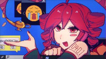 1girl ahoge arm_tattoo aron_panda baguette black_sleeves blush_stickers bread crying_emoji detached_sleeves double-parted_bangs drill_hair emoji fingernails food genie genius_fullbottle hair_between_eyes kasane_teto kasane_teto_(utau) long_sleeves number_tattoo oil_lamp open_mouth pixel_art red_eyes red_hair red_nails sleeveless solo tattoo tetrodotoxin_(utau) tongue twin_drills user_interface window_(computing)