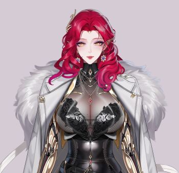 Rule 34 | 1girl, black collar, black dress, bra, breasts, cleavage, closed mouth, coat, coat on shoulders, collar, dress, ear ornament, earrings, eyeshadow, feather boa, gem, grey background, highres, jewelry, large breasts, long hair, makeup, mechanical arms, mole, mole on breast, necklace, original, pink gemstone, purple eyeshadow, red hair, red lips, see-through cleavage, see-through clothes, solo, tsuki no i-min, underwear, upper body, white bra, white coat, yellow eyes