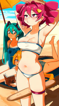 3girls :3 absurdres akita_neru aqua_eyes aqua_hair armpits arms_behind_head artist_name ass beach bikini blue_one-piece_swimsuit blue_sky blush book breasts cleavage cloud collarbone commentary day drill_hair duck_hair_ornament english_commentary hair_between_eyes hatsune_miku highres holding holding_book kasane_teto looking_at_another lying medium_breasts multiple_girls navel ocean on_stomach one-piece_swimsuit outdoors parasol red_eyes red_hair sky snegovski standing stomach sweat swimsuit the_art_of_war thigh_strap triple_baka_(vocaloid) twin_drills umbrella utau vocaloid white_bikini