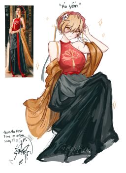 1girl absurdres alternate_costume alternate_hairstyle artist_self-insert black_skirt blonde_hair commentary english_commentary english_text engrish_text genshin_impact hair_between_eyes highres invisible_chair long_skirt lumine_(genshin_impact) melikim2711 photo_inset ranguage red_shirt reference_inset shirt simple_background sitting skirt sleeveless sleeveless_shirt solo_focus sparkle twitter_username vietnamese_clothes white_background yellow_eyes