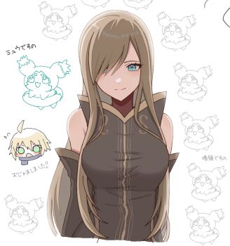 1boy 1girl ahoge bare_shoulders blonde_hair blue_eyes breasts brown_dress brown_hair brown_sleeves closed_mouth commentary_request creature detached_sleeves dress emil_castagnier flying_sweatdrops green_eyes hair_over_one_eye large_breasts long_hair looking_at_viewer mieu_(tales) nooo_ji scarf sidelocks simple_background smile solo_focus straight-on tales_of_(series) tales_of_symphonia tales_of_the_abyss tear_grants translation_request upper_body white_background
