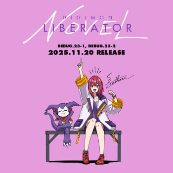 arm_up bandana bandana_around_neck black_shorts breasts camisole chapter_number cleavage collarbone commentary_request copyright_name digimon digimon_card_game digimon_liberator full_body gloves highres impmon jacket kazuki_seihou purple_camisole purple_eyes red_bandana red_gloves red_hair release_celebration shorts signature simple_background sitting white_jacket yuuki_(digimon)