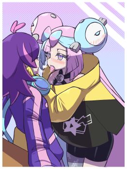 2girls after_kiss blush bow-shaped_hair character_hair_ornament commentary criss-cross_halter dot_(pokemon) english_commentary french_kiss grey_pantyhose hair_ornament hairclip halter_shirt halterneck headphones headphones_around_neck hexagon_print highres icydirtball iono_(pokemon) jacket kiss long_hair long_sleeves looking_at_another multicolored_hair multiple_girls nintendo open_mouth oversized_clothes pantyhose pink_hair pokemon pokemon_(anime) pokemon_horizons pokemon_sv saliva saliva_trail single_leg_pantyhose sleeves_past_fingers sleeves_past_wrists split-color_hair sweat sweatdrop tongue tongue_out two-tone_hair x_(symbol) yellow_jacket yuri