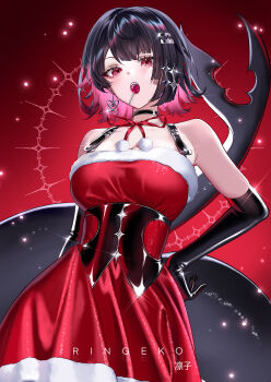 1girl absurdres alternate_costume artist_name bare_shoulders black_choker black_gloves black_hair breasts choker colored_inner_hair commentary dress earrings elbow_gloves ellen_joe fins fish_tail fur-trimmed_dress fur_trim gloves hair_ornament hand_on_own_hip highres jewelry large_breasts lollipop_in_mouth looking_at_viewer mole mole_under_eye multicolored_hair multiple_moles pink_hair red_background red_dress red_eyes ringeko-chan shark_girl shark_tail sharp_teeth short_hair solo tail teeth zenless_zone_zero