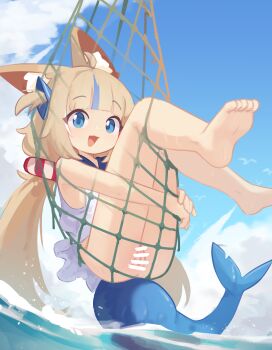 1girl absurdres animal_ears bar_censor barefoot blonde_hair blue_eyes blue_sky blue_streaks cat_ears censored day feet fins fish_tail fishing_net highres indie_virtual_youtuber kanbaki loli looking_at_viewer open_mouth outdoors pussy sameko_saba sky soles solo tail toes twintails virtual_youtuber water
