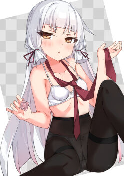 1girl absurdres beritabo black_pantyhose blush bra breasts brown_eyes commentary_request condom condom_wrapper crotch_seam hair_ribbon highres jewelry kantai_collection long_hair looking_at_viewer murakumo_(kancolle) necktie open_mouth paid_reward_available panties panties_under_pantyhose pantyhose red_necktie red_ribbon ribbon ring sitting small_breasts solo thighband_pantyhose underwear very_long_hair white_bra white_hair white_panties