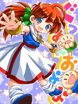 1girl 2others ahoge blue_eyes blue_shirt blue_shoes bow bracelet commentary_request copyright_name emiri_(gussun_oyoyo) green_bow gussun gussun_oyoyo hair_bow jewelry leg_warmers long_hair multiple_others necklace open_mouth outstretched_arms oyoyo ponytail shirt shoes skirt sleeveless sleeveless_shirt smile spread_arms star_(symbol) white_leg_warmers white_skirt yukiyo_kato |_|