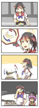 2girls 4koma ahoge arrow_(symbol) black_hair blue_bow bow bowl bowl_hat bracelet closed_eyes comic commentary cooking double_dealing_character egg_(food) english_commentary facepalm failure false_smile fang fire flipping_food food frying_pan hat highres hisuikouha holding holding_frying_pan japanese_clothes jewelry kijin_seija kimono long_nose medium_hair multicolored_hair multiple_girls mundane_utility purple_hair red_eyes red_kimono shaded_face shirt small_horns smile smug sukuna_shinmyoumaru thinking touhou upside-down white_shirt yellow_bracelet you're_doing_it_wrong