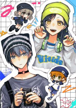 Rule 34 | 2boys, 2girls, :o, alternate costume, aoyagi touya, arms behind head, azusawa kohane, beanie, black choker, black hat, black nails, blue hair, brown eyes, brown hair, can, choker, claw pose, closed mouth, ear piercing, earrings, fingernails, green nails, hair ornament, hand up, hands up, hat, headphones, headphones around neck, highres, holding, holding can, jewelry, kitaete fly! muscle training! (project sekai), long hair, long sleeves, looking at viewer, mole, mole under eye, multicolored hair, multiple boys, multiple girls, nail polish, official alternate costume, open mouth, orange hair, piercing, project sekai, protected link, shinonome nano, shiraishi an, short hair, short sleeves, short twintails, shorts, socks, split-color hair, star (symbol), star hair ornament, teeth, twintails, two-tone hair, upper body, upper teeth only, vivid bad squad (project sekai), yellow eyes, yngpeaceful